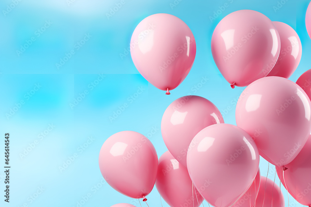 Pink balloons on pastel blue background 