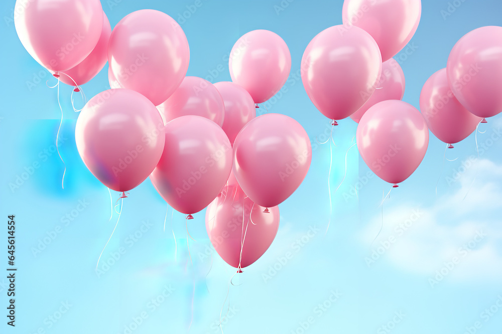 Pink balloons on pastel blue background 