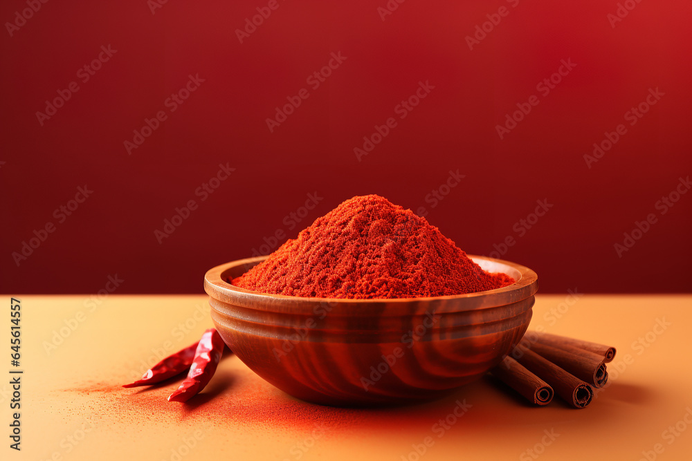 Red hot chili powder in wooden bowl on light red background  - obrazy, fototapety, plakaty 