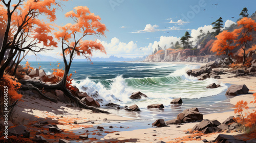 Hyper-realistic fantasy beach in autumn with waves washing in, fallen leaves, rustling trees, damp sand, and moss-covered rocks near the water. © GraphicsRF
