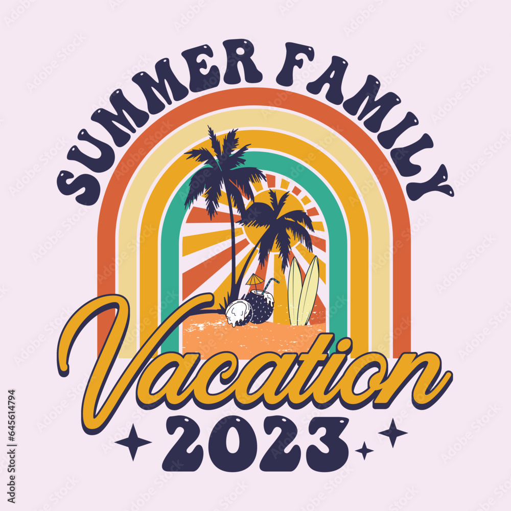Vector illustration summer family vacation 2023 t-shirt. Vintage design. Grunge background. Typography, t-shirt graphics, poster