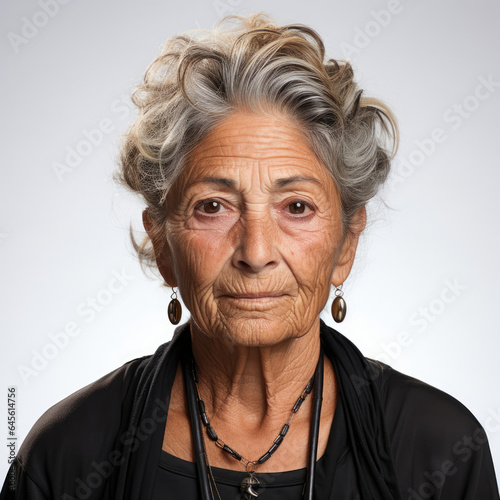 A casual studio headshot of a confident 80-year-old Latino woman.