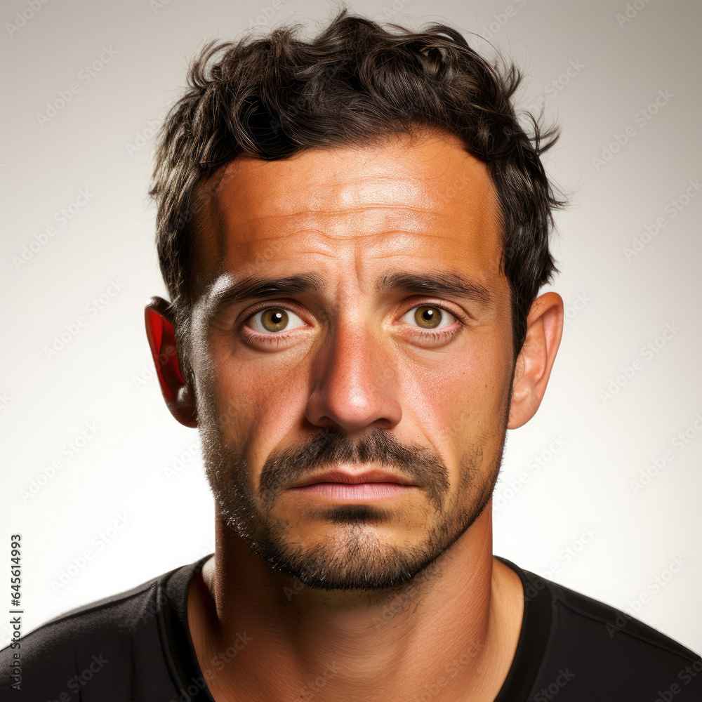 Professional studio head shot of a flustered 36-year-old Latino man, eyes looking down. Professional studio head shot of a flustered 36-year-old Latino man, eyes looking down.
