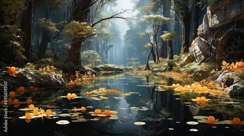 A hyper-realistic fantasy swamp in summer with golden reflections and floating lily pads.