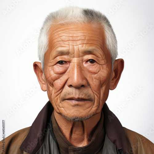 Professional studio head shot of a mesmerized 75-year-old Southeast Asian man, his eyes fixed on something to the right.