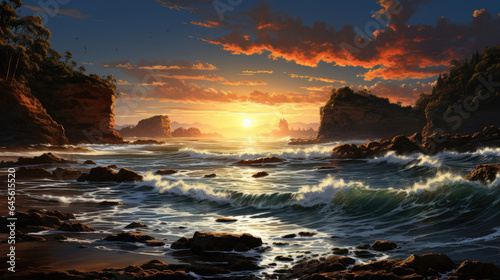 A breathtaking hyper-realistic fantasy coastline at sunrise with gentle waves, sandy shores, and tall cliffs casting long shadows on the beach. © GraphicsRF
