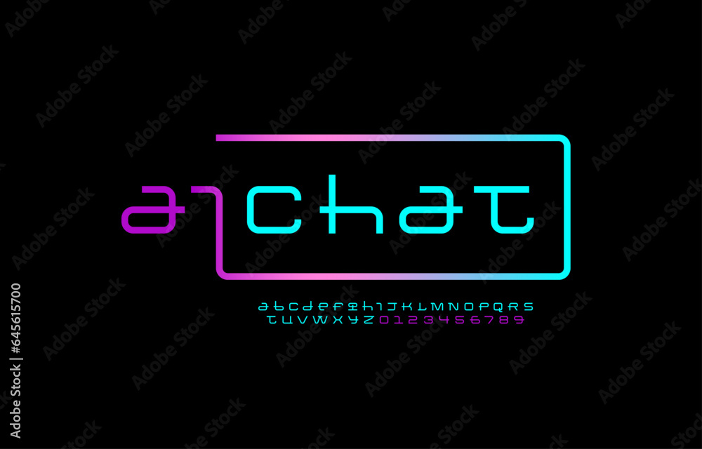 Technical bright font, digital alphabet, trendy cyber letters from A to Z and numbers from 0 to 9, vector illustration 10EPS