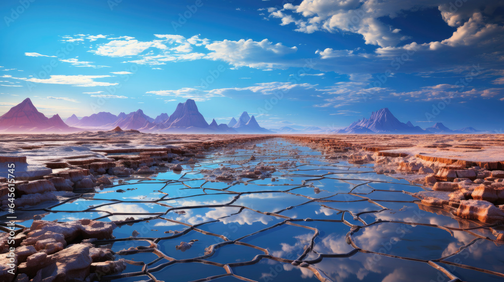 A hyper-realistic fantasy world with sparkling and cracking ground, blurred horizon, and shimmering expanse broken by large rocks.