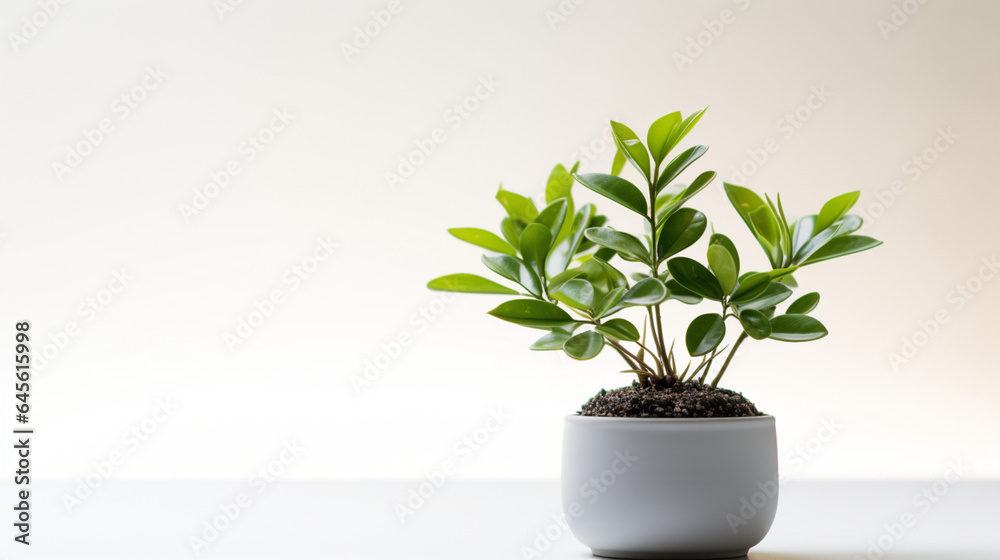 Indoor Small plant in pot on background, copy space