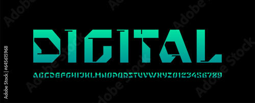 Hi tech techno alphabet font, for your future space design logo or brand name or game, cropped letters and numbers, vector illustration 10EPS