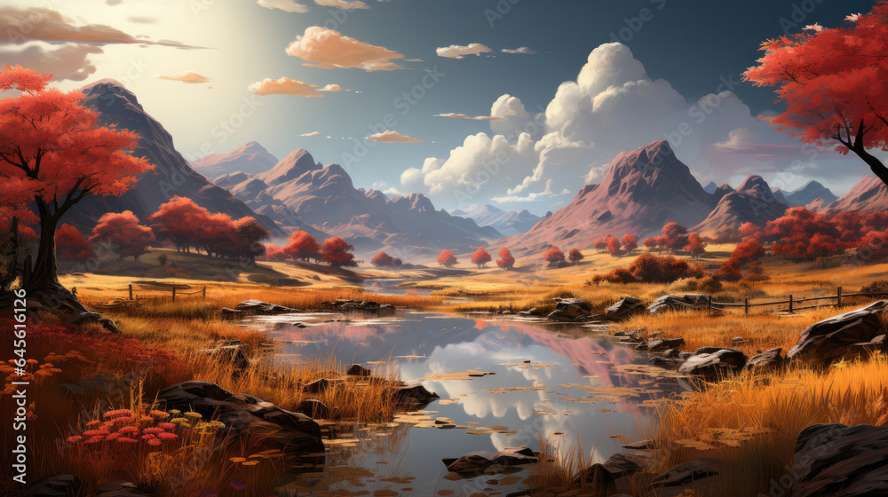 Hyper-realistic fantasy plains in autumn with golden hues dominating and a pond reflecting the cloudy sky.