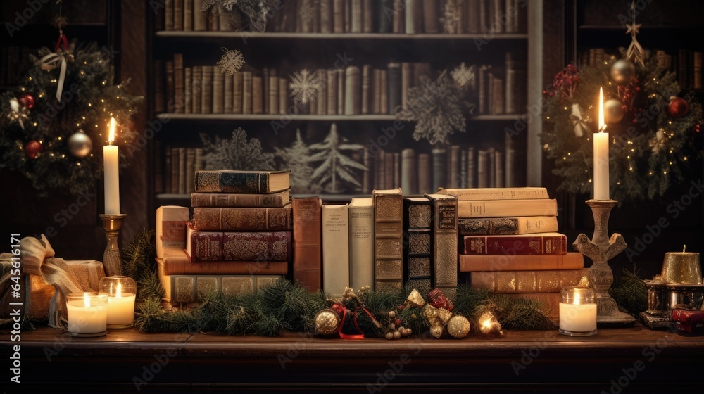 Christmas decoration background with books, candles and christmas tree . ai generative