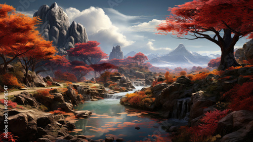 Trees wearing cloaks of orange and red, a crisp carpet of grass cut by a winding river, and large boulders standing sentinel in a hyper-realistic fantasy mountain scene during autumn.