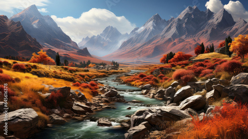 Trees wearing cloaks of orange and red  a crisp carpet of grass cut by a winding river  and large boulders standing sentinel in a hyper-realistic fantasy mountain scene during autumn.