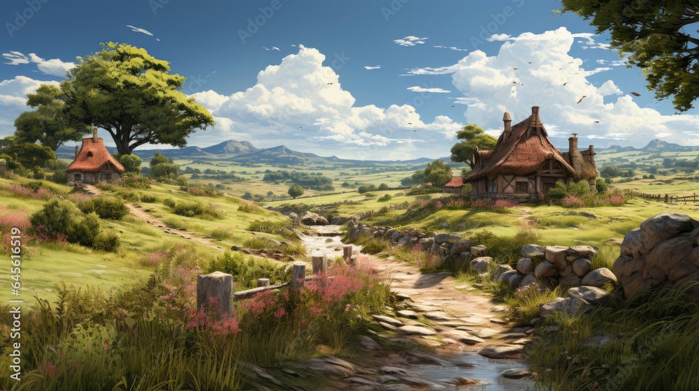 A hyper-realistic fantasy meadow in summer with warm sunlight, waving tall grasses, and occasional boulders.