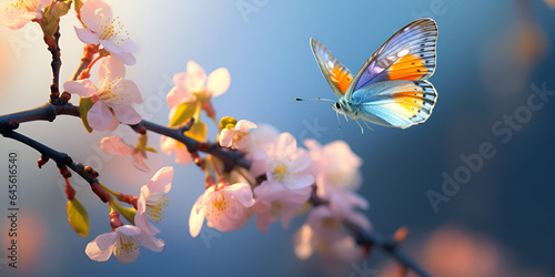 Beautiful butterfly sitting on pink flower apricot tree on light blue and violet background © Haleema