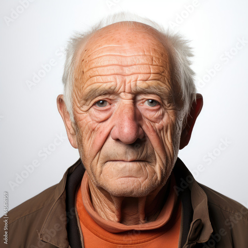 Crisp studio head shot of a sulking elderly man.