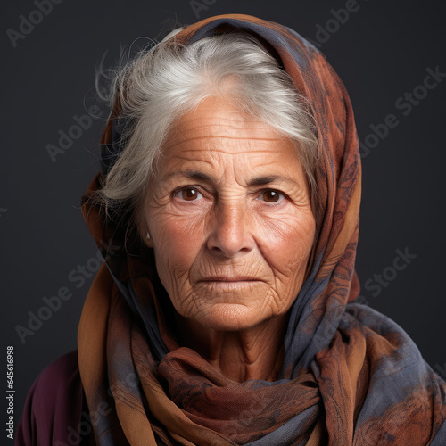 A full headshot of an 89-year-old Middle Eastern woman with a saddened expression.