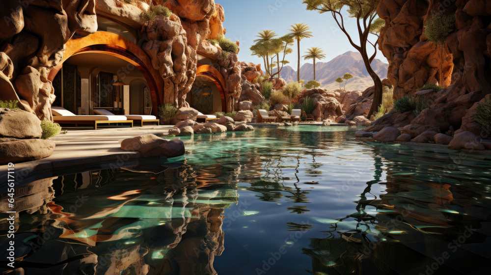 Obraz premium A hyper-realistic fantasy oasis with palm trees and a clear pool surrounded by golden sands and smooth stones.