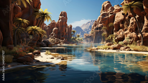 A hyper-realistic fantasy oasis with palm trees and a clear pool surrounded by golden sands and smooth stones.