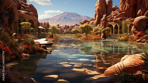 A hyper-realistic fantasy oasis with palm trees and a clear pool surrounded by golden sands and smooth stones.