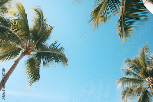 Tropical coconut palm trees with clear blue sky as copy space background low angle view. Generative AI