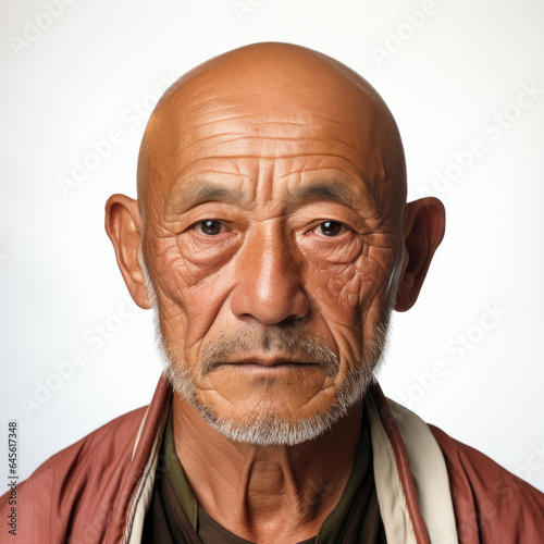 Professional studio head shot of a complacent 58-year-old Central Asian man, eyes looking down.