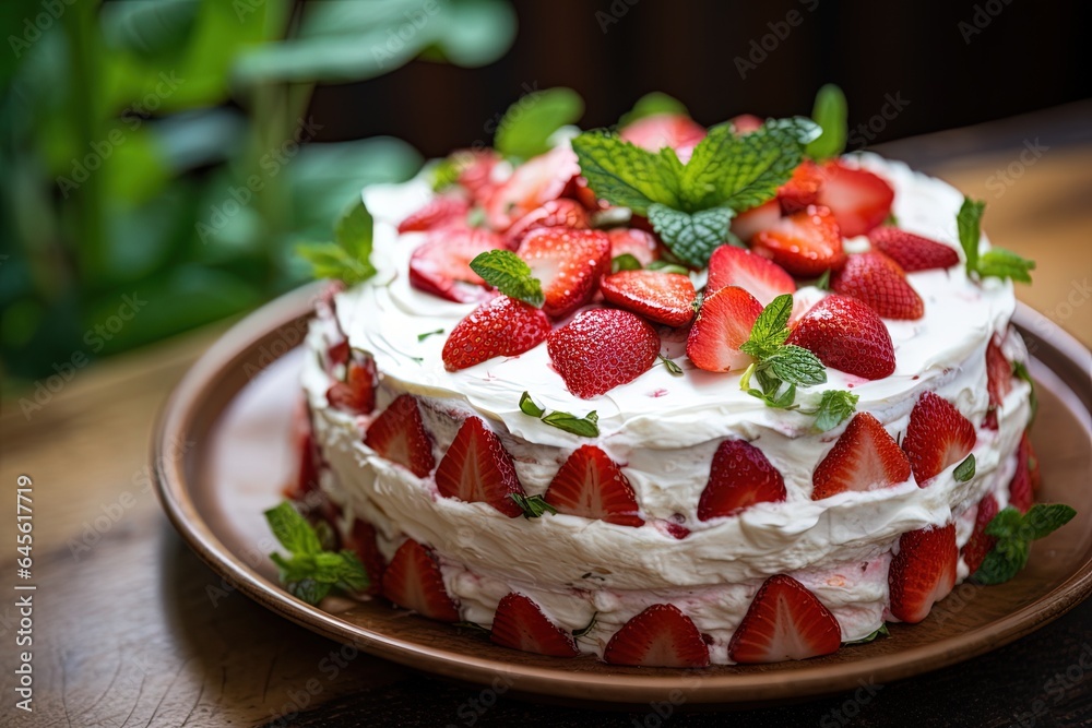 Strawberry cake with whipped cream and fresh strawberries on dark background.Generative Ai Strawberry cake with whipped cream and fresh strawberries on dark background.Generative Ai