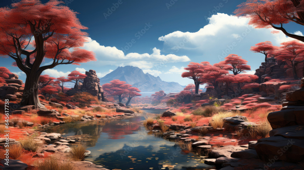 A hyper-realistic fantasy desert in autumn with a central waterhole bordered by round, mossy rocks and trees ready to shed, as the wind carries a cool hint. - obrazy, fototapety, plakaty 