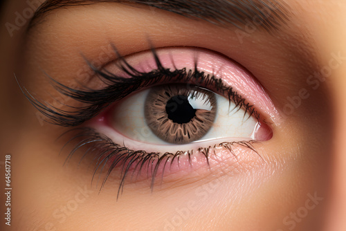 Close-up macro of beautiful female eye with perfect shape eyebrows. Clean skin, fashion naturel make-up. Generative AI