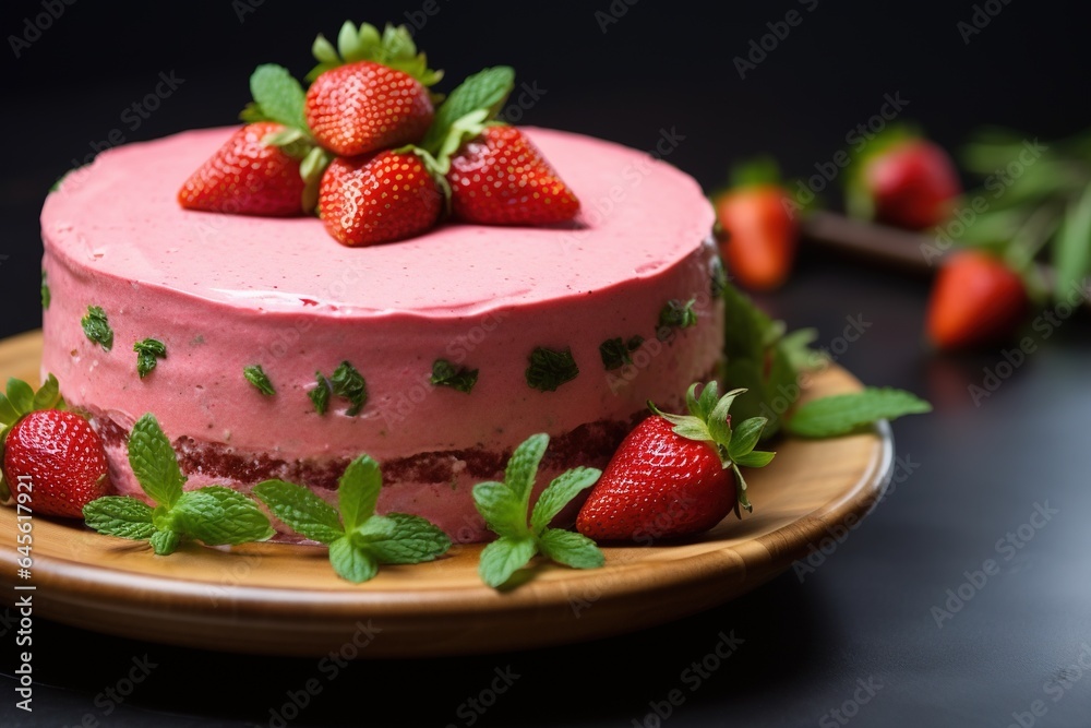 Strawberry cake with whipped cream and fresh strawberries on dark background.Generative Ai