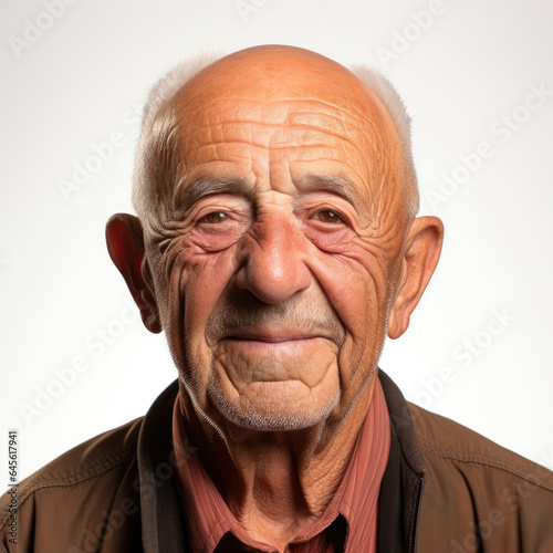 Clean studio head shot of a cheerful 91-year-old Middle Eastern man.