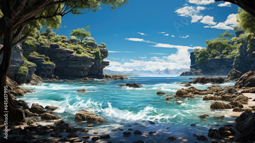 Canvas Print Discover a hidden cove with tall rock walls, pebbled beach, and echoing cliffs