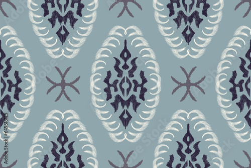 Floral Ikat pattern embroidery vector illustration. Blue motifs traditional ikat design seamless. Floral pattern on indigo blue background. Ikat ethnic oriental seamless pattern traditional.