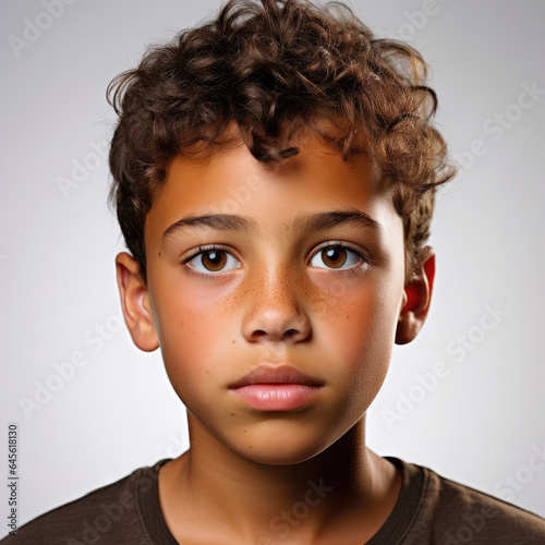 Professional studio headshot of a determined 12-year-old Aboriginal Australian boy, eyes looking up right.