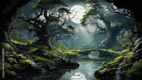 A hyper-realistic fantasy forest in spring with bursting green leaves, singing birds, and a flowing stream.