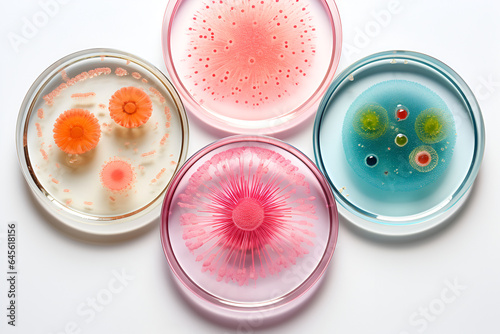 Test-tubes and petri dishes with specimens on desk in modern laboratory, high angle close up shot, generative AI