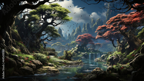 A hyper-realistic fantasy forest in spring with bursting green leaves, singing birds, and a flowing stream.