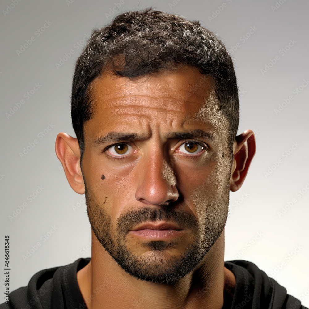 Fototapeta premium Professional head shot of a 36-year-old Latino man looking down and giving a thumbs up.