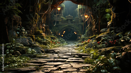 Fototapeta Naklejka Na Ścianę i Meble -  Dense jungle floor with thick leaves and fallen branches.