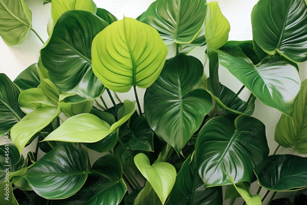 Obraz premium Tropical leaves background. Green houseplants in pots on white wall.