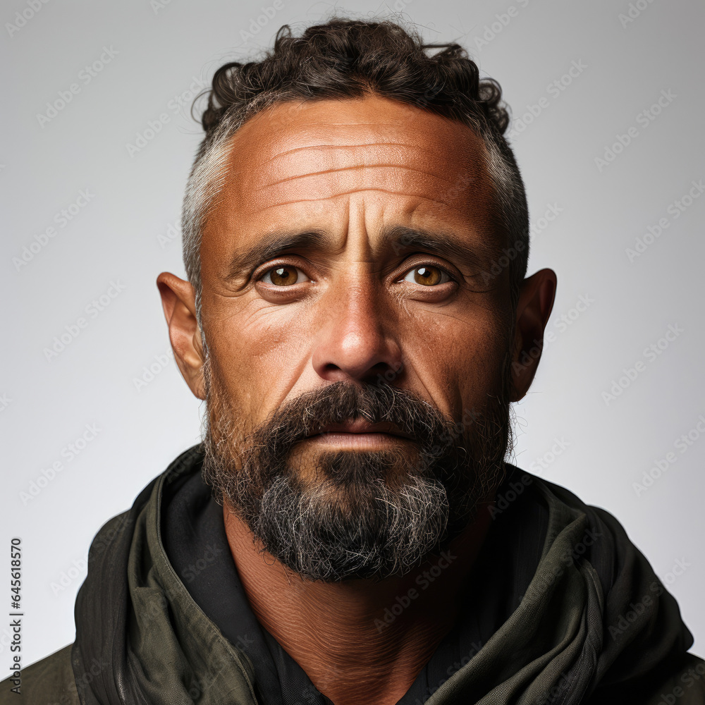 Professional studio head shot of a 44-year-old Aboriginal Australian man, with his eyes looking down left, showcasing his curiosity. Professional studio head shot of a 44-year-old Aboriginal Australian man, with his eyes looking down left, showcasing his curiosity.