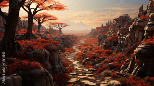 Hyper-realistic badlands with red and orange strata and jagged rocks create a maze-like landscape.