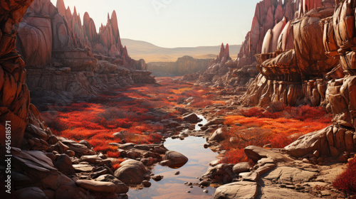 Hyper-realistic badlands with red and orange strata and jagged rocks create a maze-like landscape. © GraphicsRF