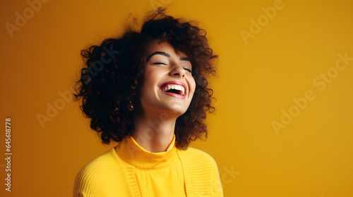 Colorful studio portrait of an attractive young woman laughing happily. Bold, vibrant and minimalist. Generative AI