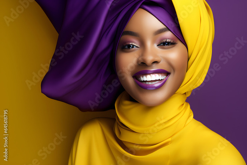 Colorful studio portrait of an ethnic woman smiling happily. Bold, vibrant and minimalist. Generative AI © Mihai Zaharia