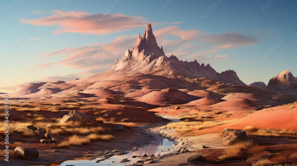 Hyper-realistic fantasy butte with erosion patterns and stone base.
