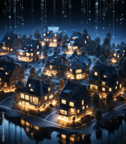 City at night  3d illustration with houses on the water.