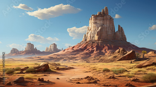 Hyper-realistic fantasy butte with erosion patterns and stone base. © GraphicsRF
