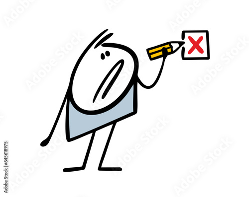 Cartoon disgruntled stickman holds a pencil and draws a red cross, expresses disagreement. Vector illustration of stick figure boy and refusal.